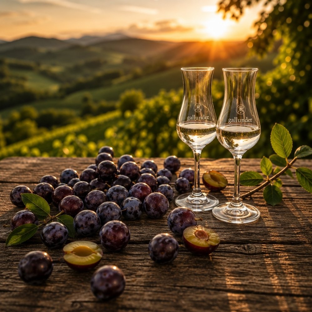 Frische Kriecherl und zwei Edelbrandgläser vor den Weinbergen der Südsteiermark bei Wein & Wohl Gallunder.