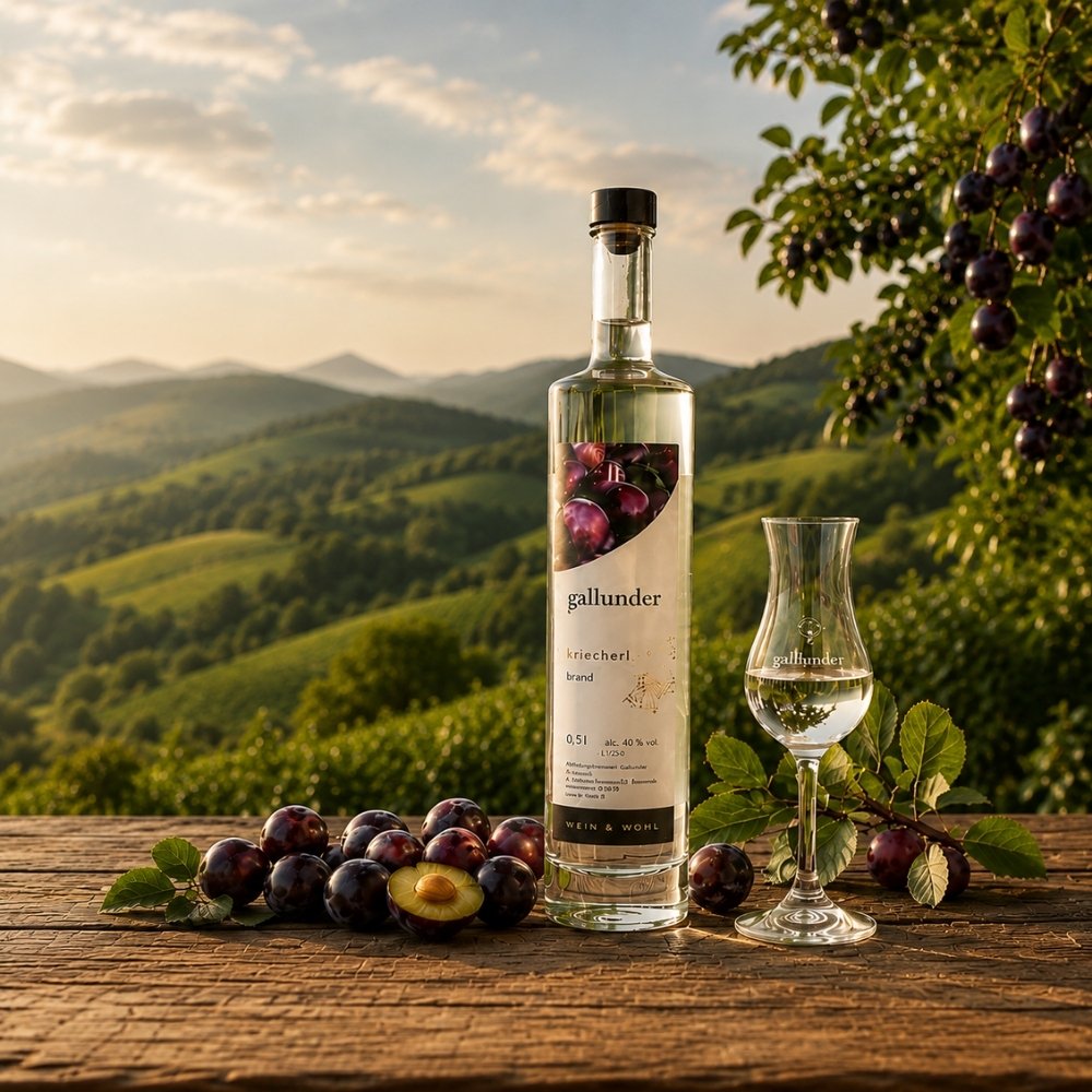 Flasche Kriecherl Edelbrand von Wein & Wohl Gallunder mit frischen Kriecherln und Edelbrandglas vor den Weinbergen der Südsteiermark.