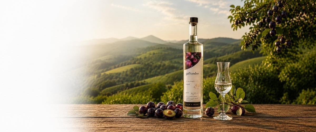 Flasche Kriecherl Edelbrand von Wein & Wohl Gallunder mit frischen Kriecherln und Edelbrandglas vor den Weinbergen der Südsteiermark.